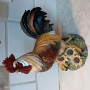 Farm decor rooster with sunflowers and a beautiful blue tail